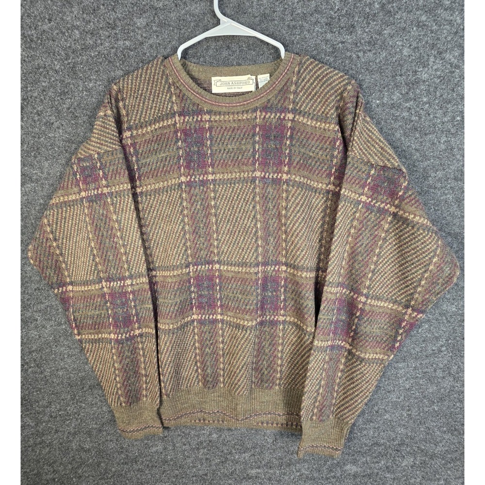 Vintage John Ashford Mens Plaid Wool Blend Grandpa Sweater Size L Crew Neck
